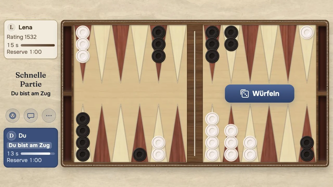 Eine gewertete Onlinepartie auf dem Holzbrett, mit Spielerwertungen, Uhren und markierten erlaubten Zügen.