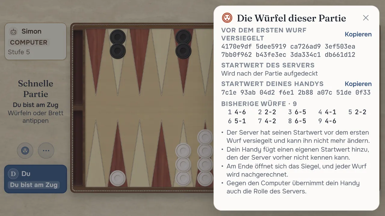 Die Würfelübersicht während einer Partie: das Siegel vor dem ersten Wurf, der noch nicht aufgedeckte Startwert des Servers, der Startwert deines Handys und die bisherigen Würfe