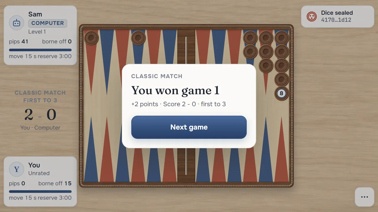 Between the games of a Classic match: You won game 1, score 2 to 0, first to 3, and the Next game button