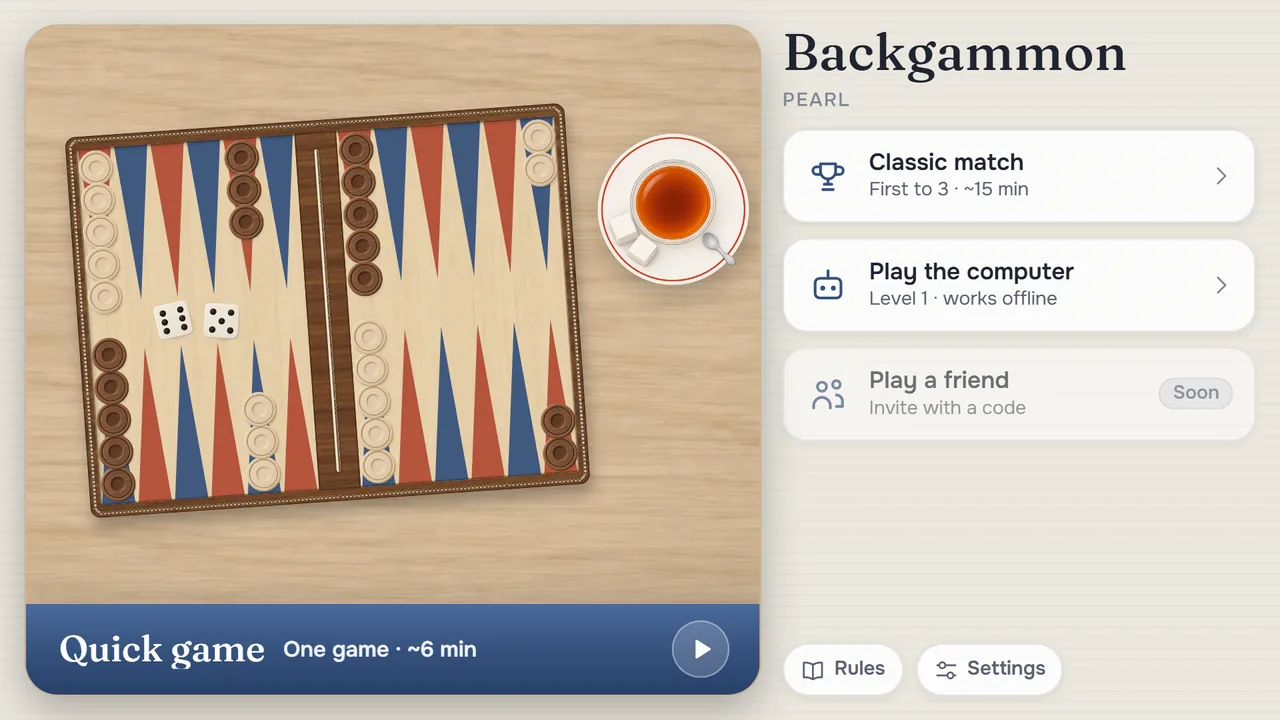 The home screen: a board on a café table with a glass of tea, the Quick game bar, Classic match and Play the computer