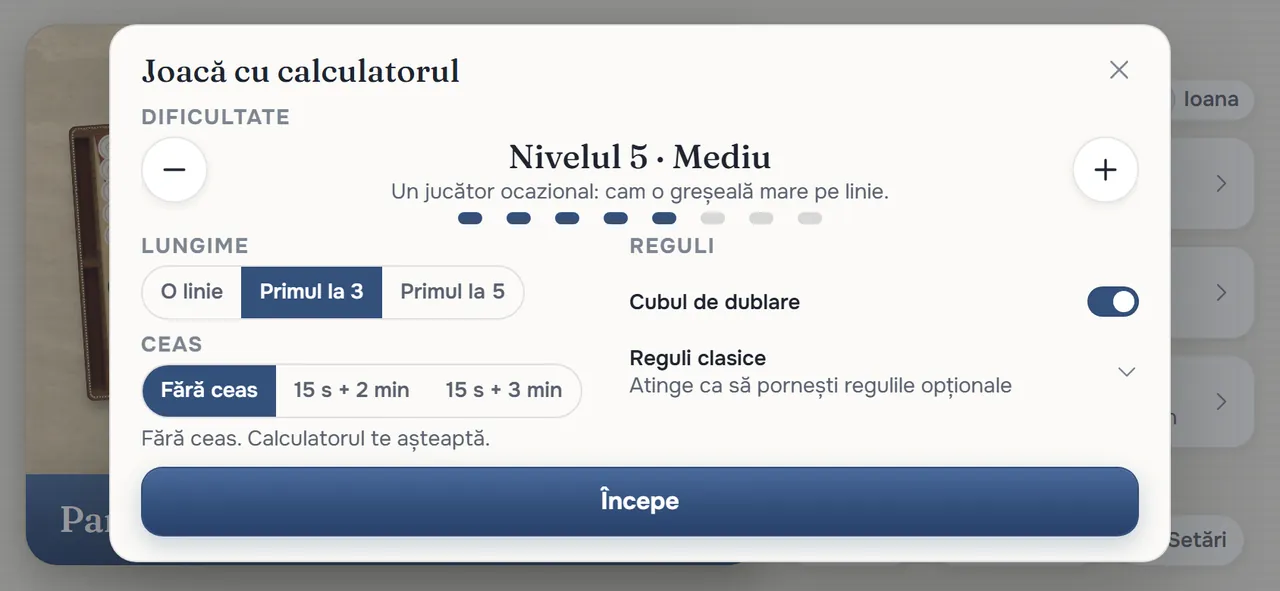 Fereastra Joacă cu calculatorul: Nivelul 5 · Mediu, cu rândul despre cum joacă, opt marcaje de nivel, la Lungime butoanele O linie, Primul la 3 (ales) și Primul la 5, butoanele pentru Ceas, comutatorul Cubul de dublare pornit, Reguli clasice și Începe