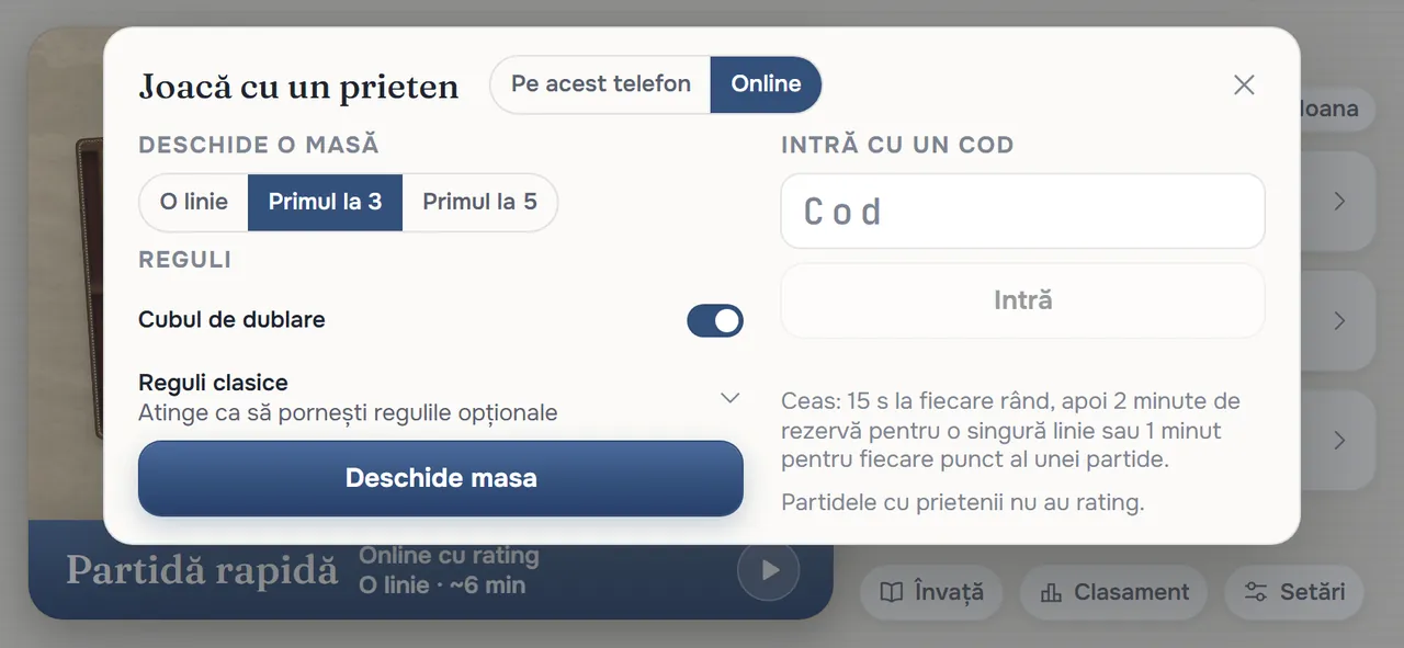 Fereastra Joacă cu un prieten: Deschide o masă, cu Lungime Primul la 3, comutatorul Cubul de dublare pornit, Reguli clasice, Deschide masa și Intră cu un cod
