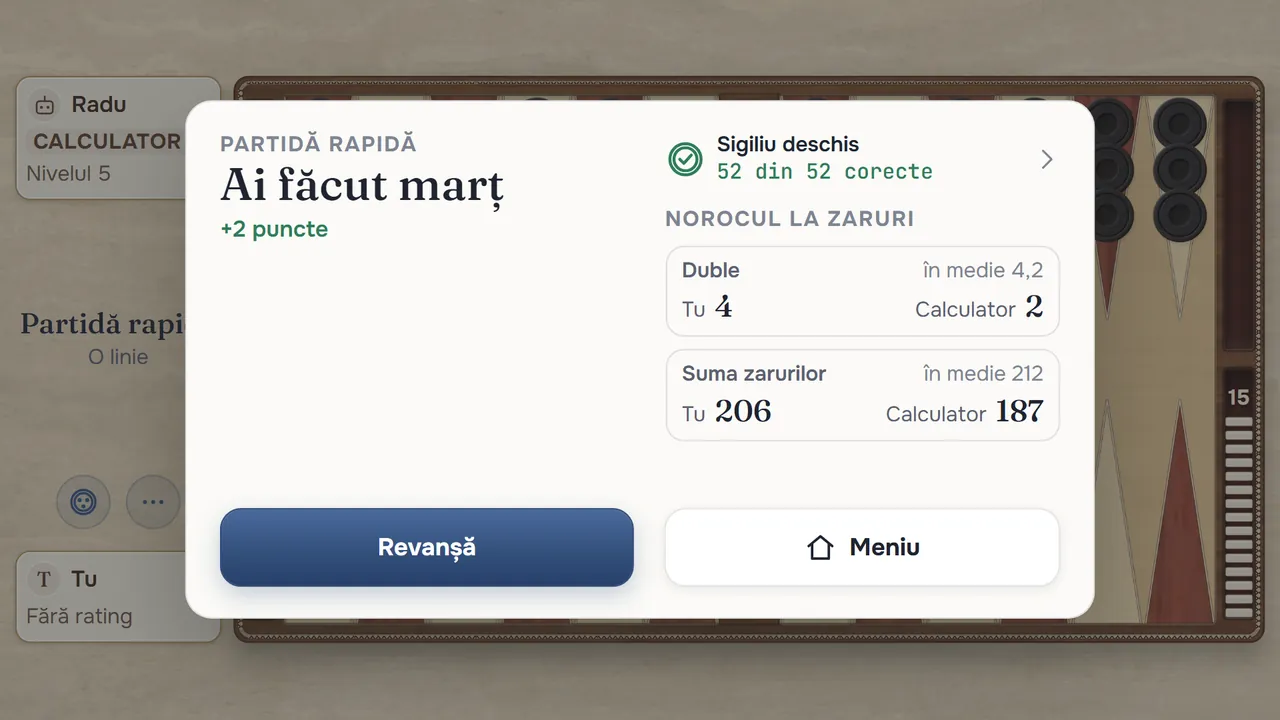 Ecranul de final: Ai făcut marț, Sigiliu deschis, 52 din 52 corecte și panoul Norocul la zaruri
