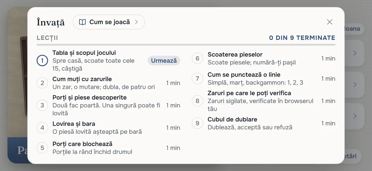 Fereastra „Învață”: butonul „Cum se joacă” lângă titlu, apoi nouă lecții, de la Tabla și scopul jocului la Cubul de dublare